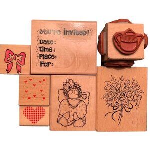 Wooden Rubber Stamp Set Teapot & Party Designs